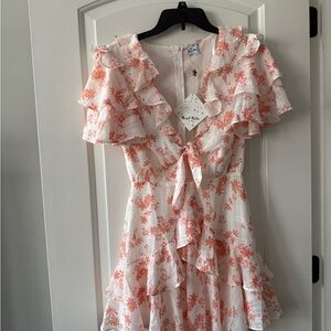 Angel Biba White and Coral Floral Ruffle Dress